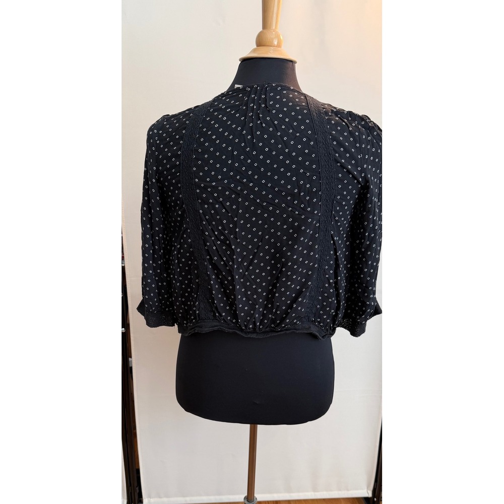 Free People Women Black Diamond Print Lace Trim Button Front Blouse Size M - Picture 2 of 6